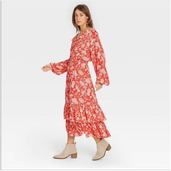 Universal Thread Midi Dress XXL Red Floral Long Balloon Sleeves Ruffle Boho - Picture 7 of 16